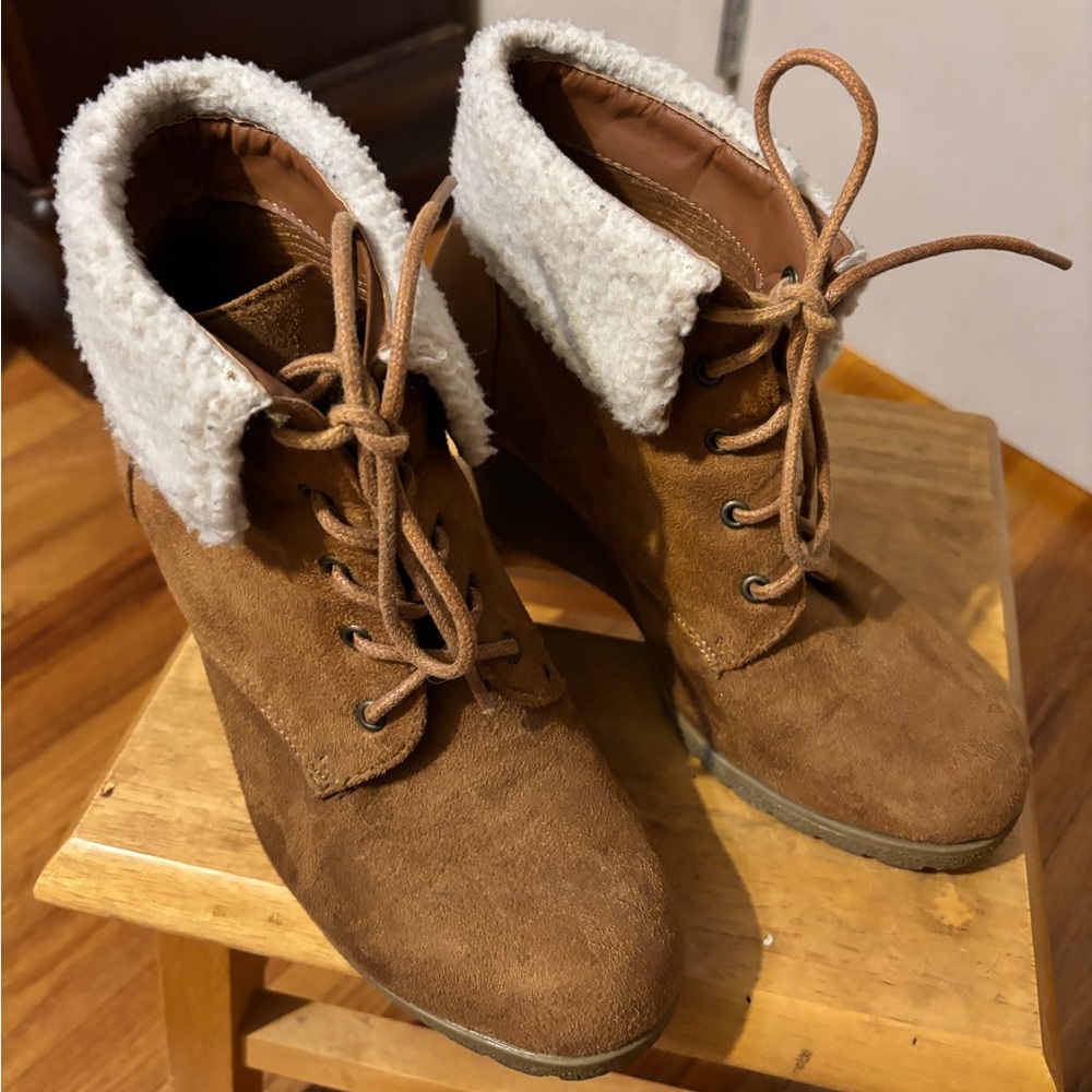 Rampage Brown Lace Up Booties with White Cuff - Picture 4 of 7